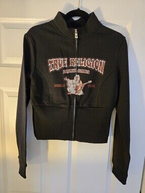 NWT True Religion Black Zip Front Hoodie with Red White Logo